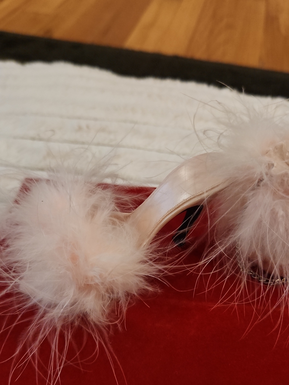 Plush Feather Slide Mules in Light Pink